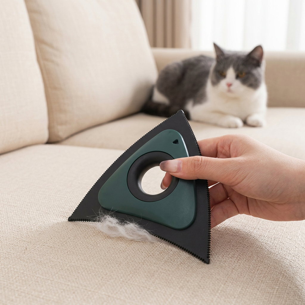 Brosse anti-poil triangulaire utilisée sur un canapé beige avec un chat en arrière-plan