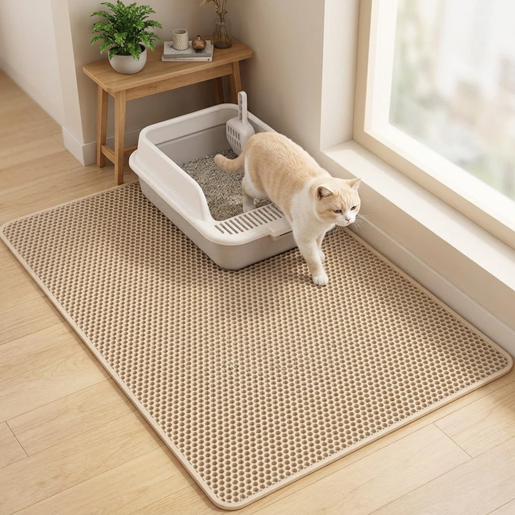 tapis litière chat chat crème et blanc sortant de sa litière, tapis beige dans une entrée