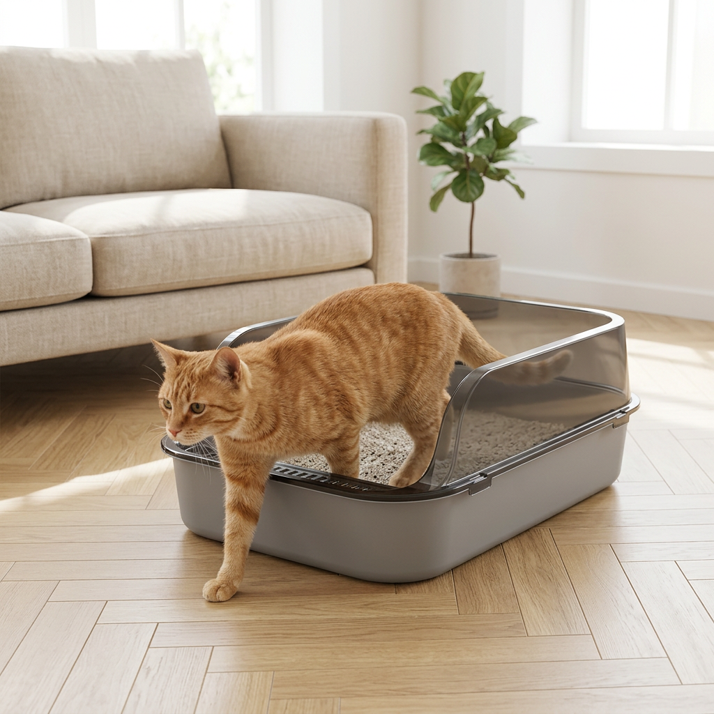 Bac à litière pour chat gris à parois translucides, avec un chat roux qui en sort dans un salon lumineux.