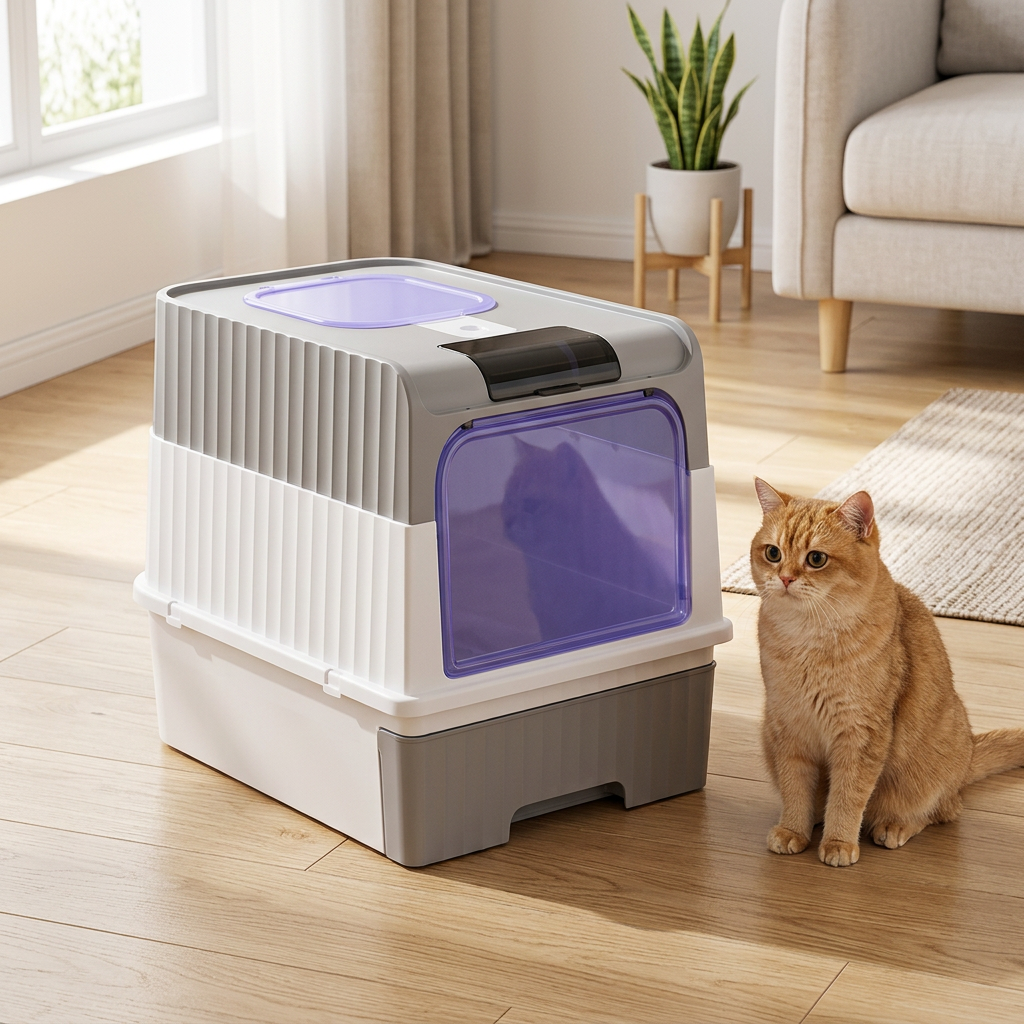 Maison de toilette pour chat grise avec lampe uv à côté d’un chat roux