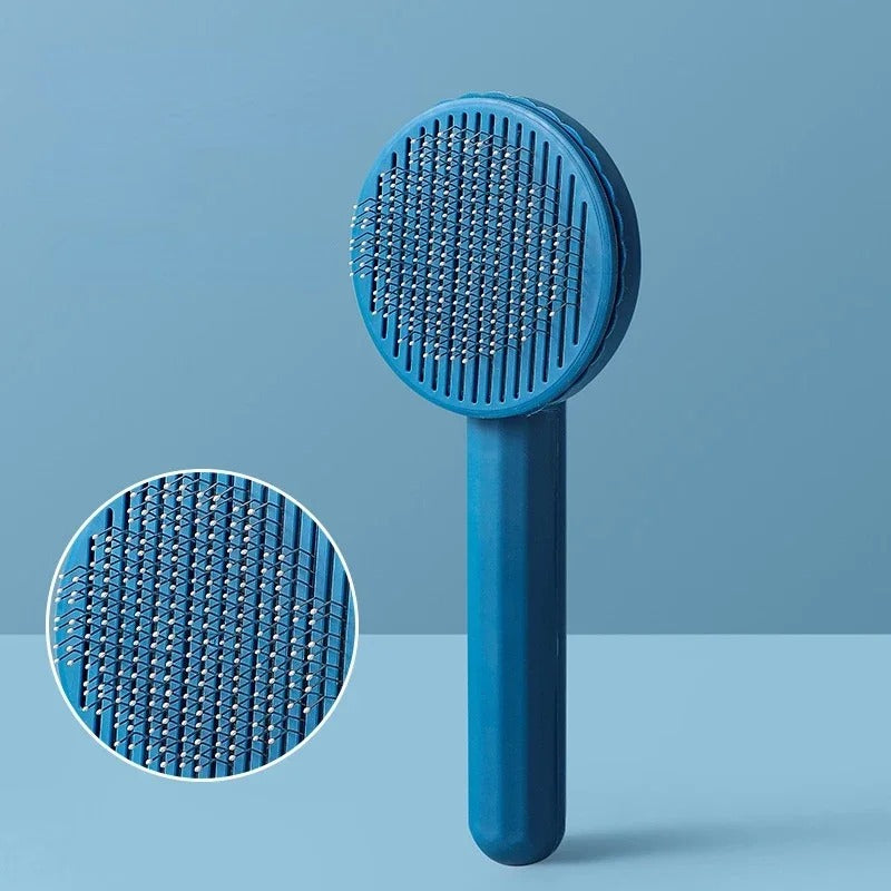 Brosse pour Chat bleue Ă tĂȘte ronde, avec gros plan sur les picots mĂ©talliques.