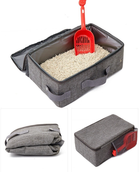 bac à litière chat gris pliable fournit avec une pelle 