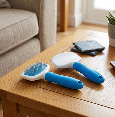 Brosse pour chat à manche bleu, deux exemplaires vus de face et de dos sur une table en bois.