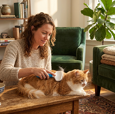 Brosse pour chat utilisée par une femme sur le dos d’un chat roux et blanc allongé sur une table.