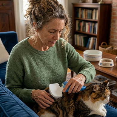 Brosse pour chat utilisée par une femme sur un chat tigré et blanc installé sur ses genoux.