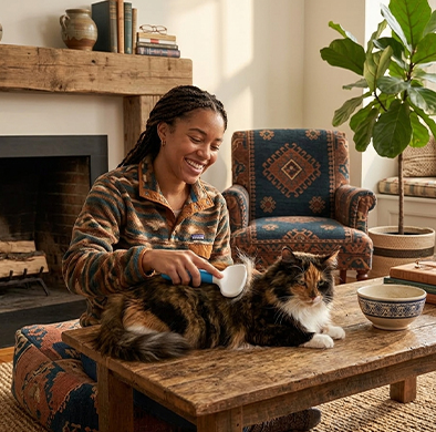 Brosse pour chat utilisée par une femme sur un chat à poils longs allongé sur une table basse.