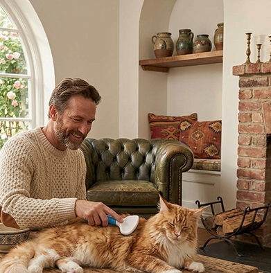 Brosse pour chat utilisée par un homme sur un chat roux et blanc à poils longs.