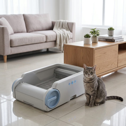 Litière automatique avec chat gris dans le salon