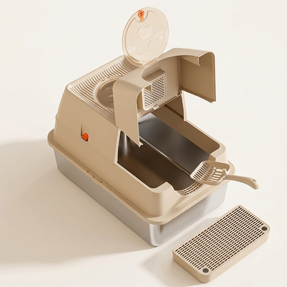 maison de toilette pour chat beige avec capot relevé, bac en inox apparent, pelle et marchepied grillagé.