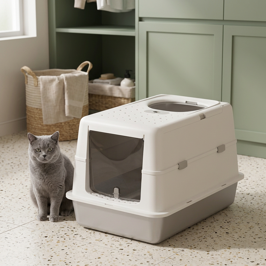 maison de toilette pour chat dans une buanderie avec un chat gris