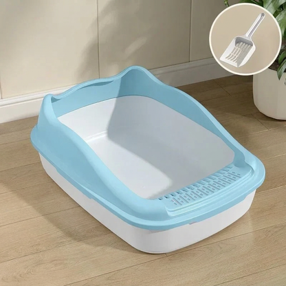 Bac à litière chat blanc à rebord bleu avec pelle 