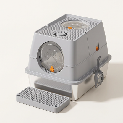 maison de toilette pour chat gris clair avec bac en inox, porte transparente à motif de patte et pelle latérale.