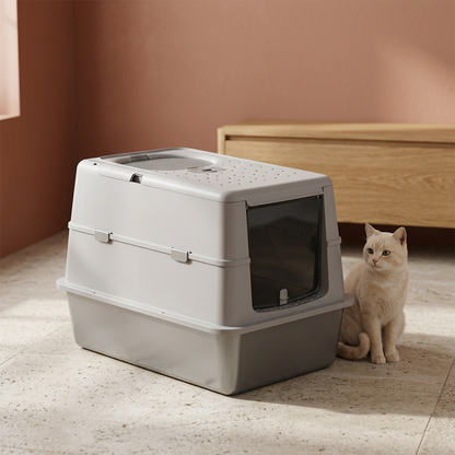 Maison de toilette pour chat dans un décor terracotta avec un chat beige à côté