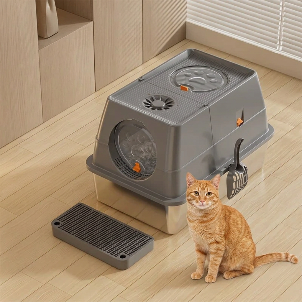 maison de toilette pour chat gris foncé avec un chat roux assis à côté, sur un parquet clair.