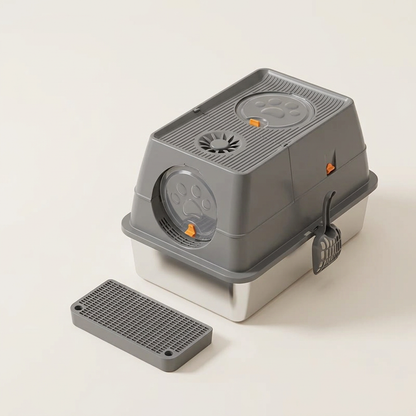maison de toilette pour chat gris foncé avec porte ronde transparente, bac en inox et marchepied assorti 