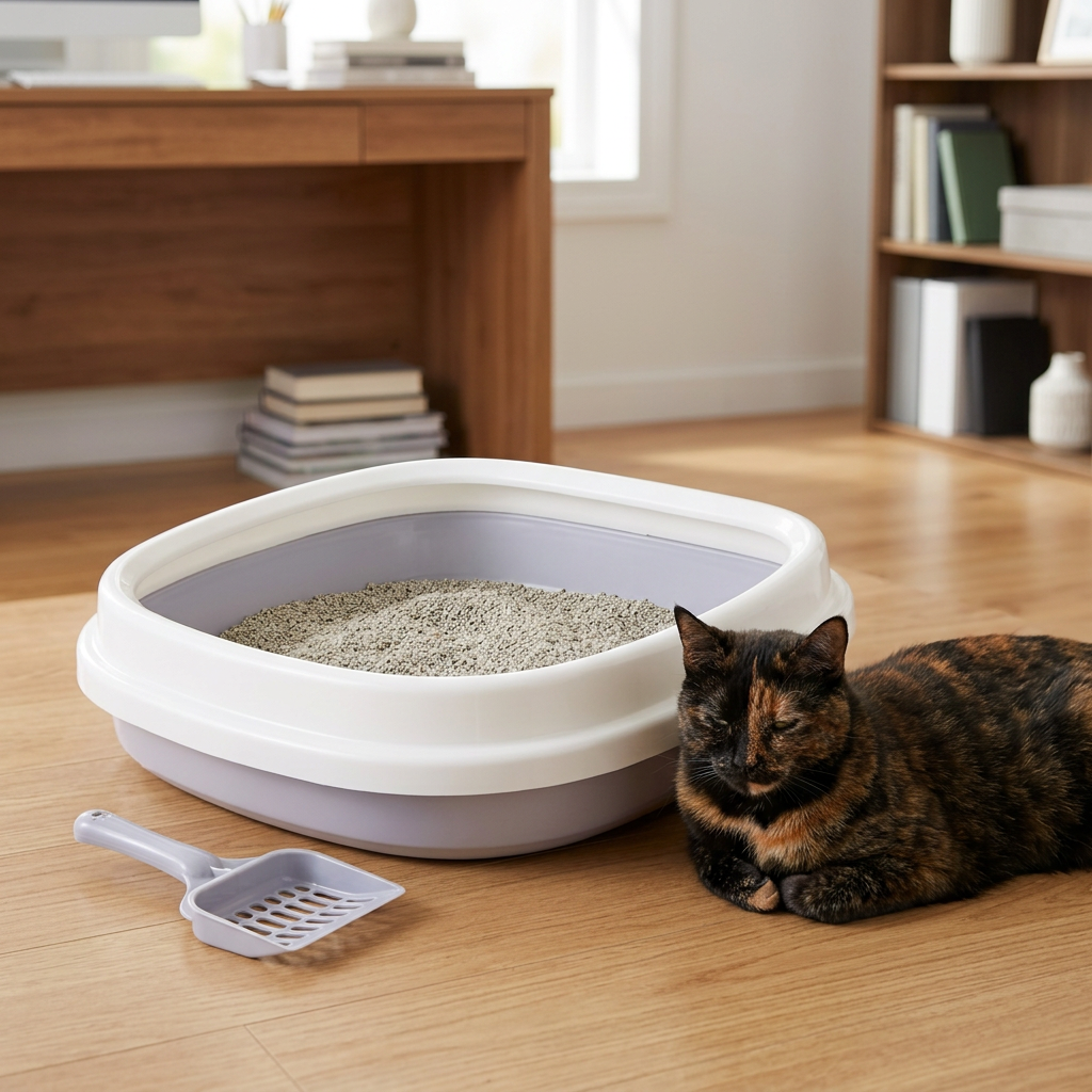 Bac à litière pour chat gris lavande à rebord blanc, avec un chat écaille de tortue couché à côté dans un bureau.