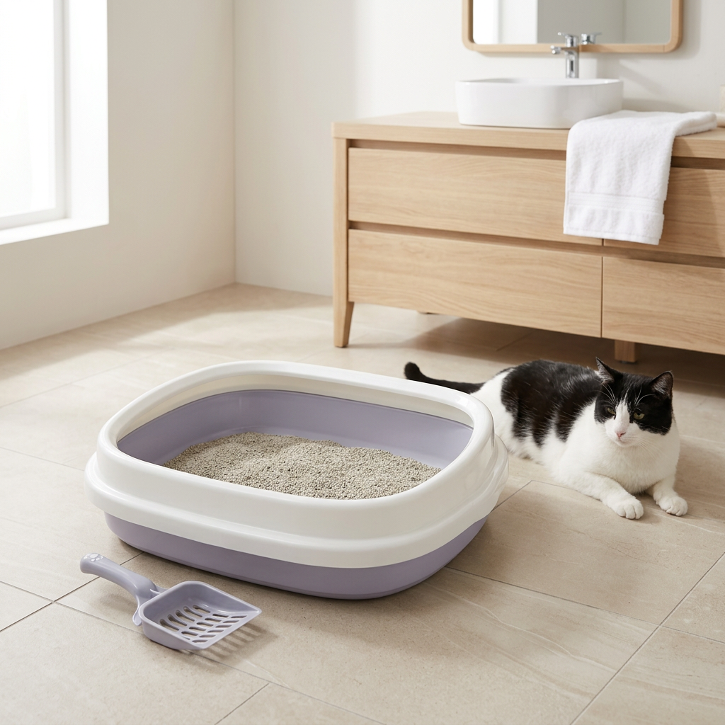  Bac à litière pour chat gris lavande à rebord blanc, avec un chat noir et blanc couché à côté dans une salle de bains.