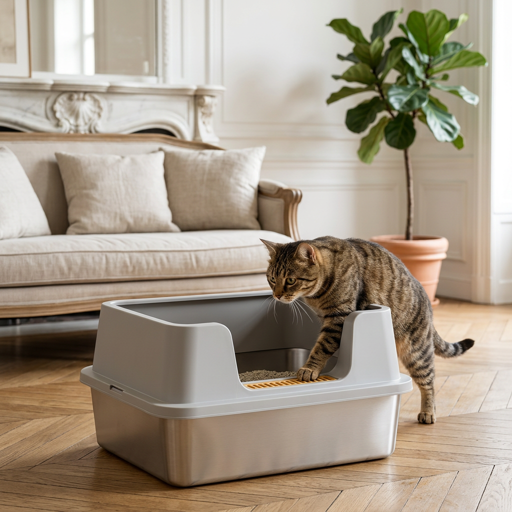 bac à litière chat gris avec cuve inoxydable, un chat tigré entrant dans le bac
