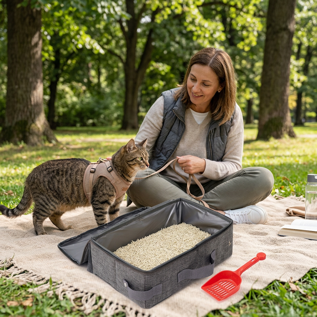 bac à litière chat gris ouvert sur une couverture dans un parc, avec un chat tigré en harnais et sa propriétaire