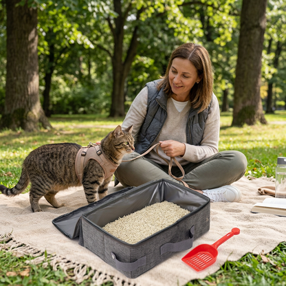 bac à litière chat gris ouvert sur une couverture dans un parc, avec un chat tigré en harnais et sa propriétaire