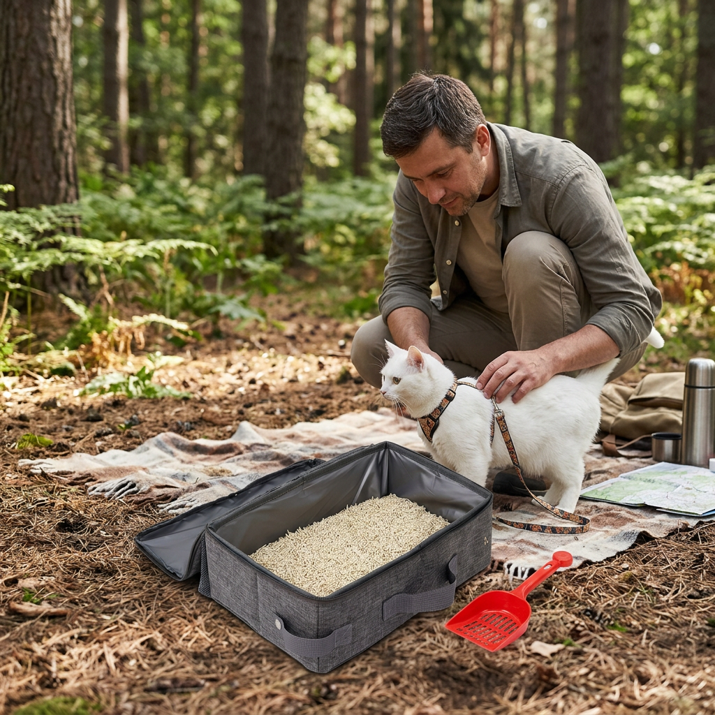 bac à litière chat gris pliable dans une couverture en forêt