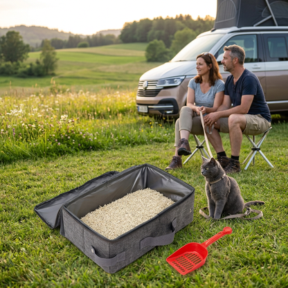 bac à litière chat gris pliable avec un chat gris et ses propriétaires devant un van aménagé