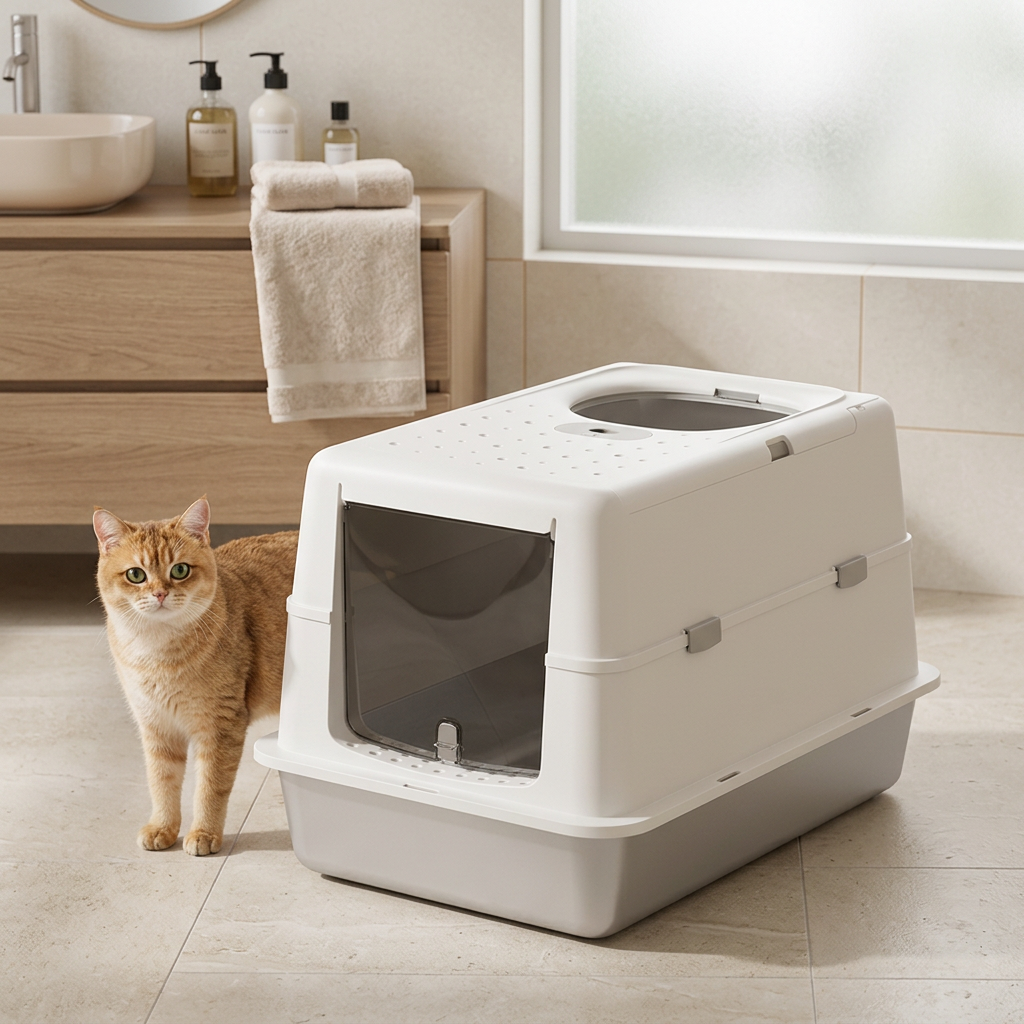 Maison de toilette chat blanc dans une salle de bain avec un chat roux à côté