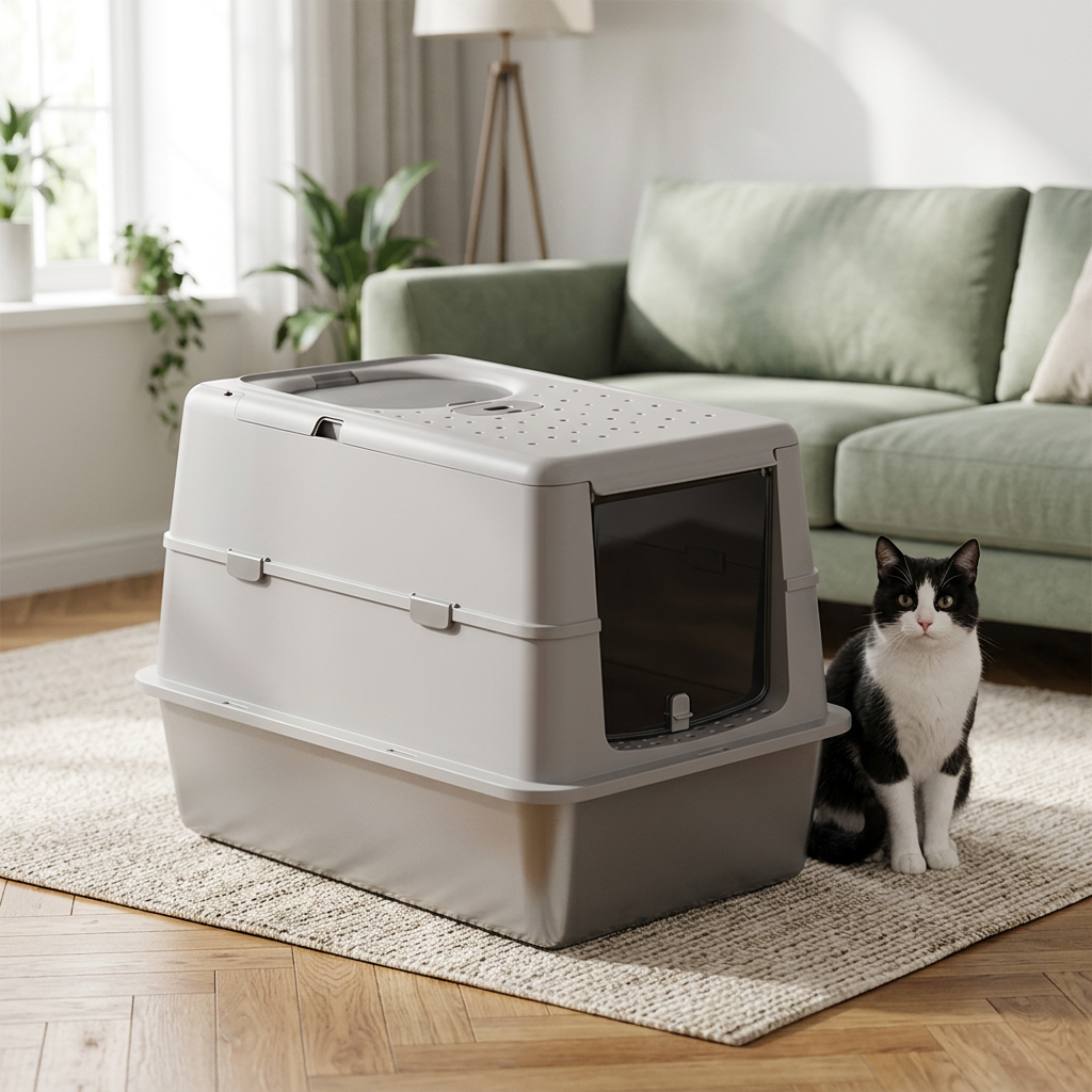 Maison de toilette pour chat gris dans un salon avec un chat noir et blanc à côté