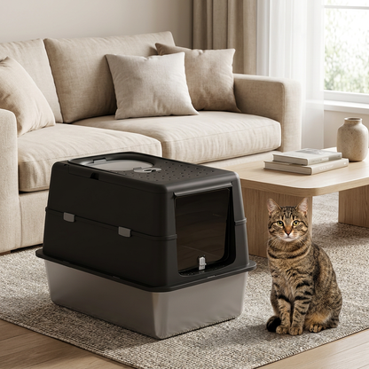 Maison de toilette chat noir dans un salon avec un chat tigré à côté