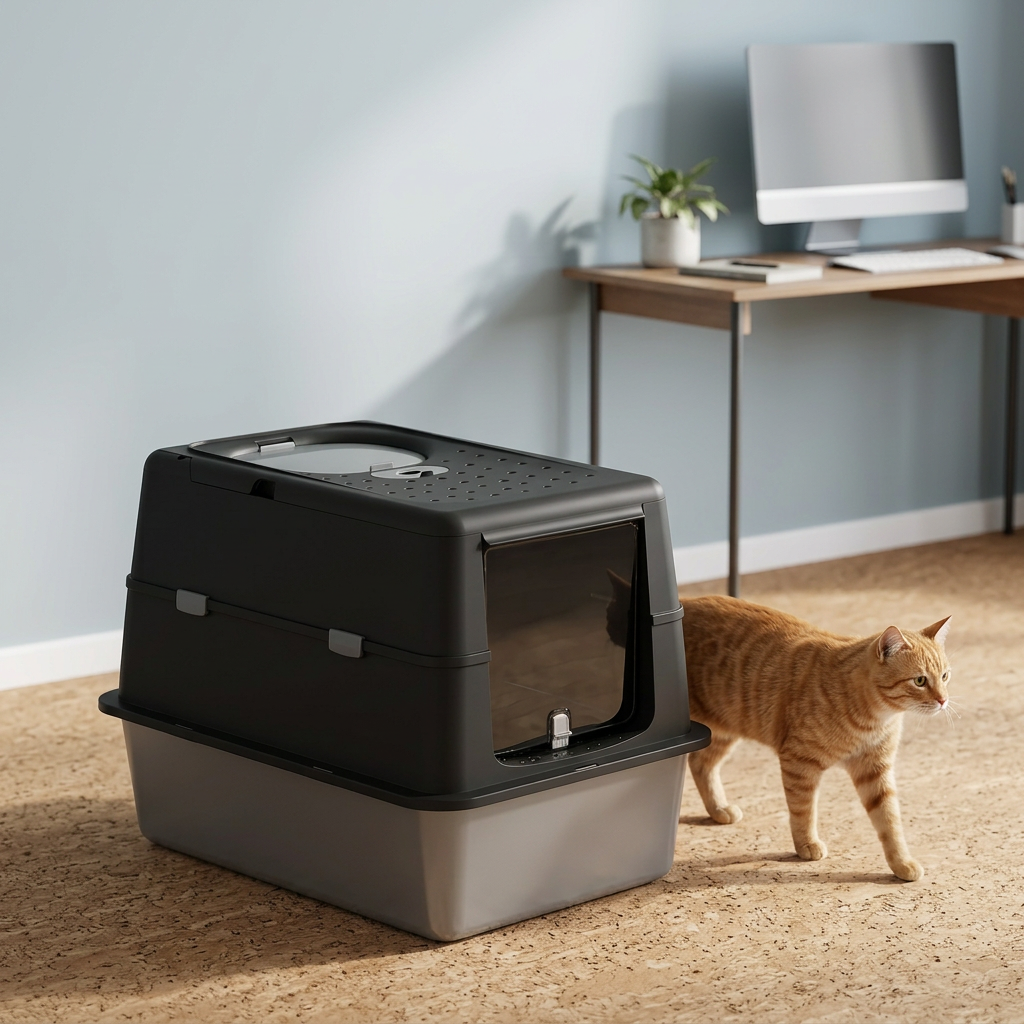 maison de toilette pour chat dans un bureau lumineux avec un chat roux