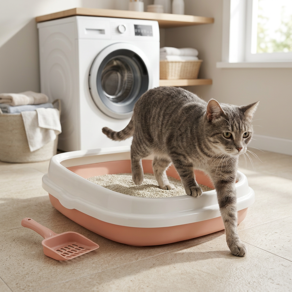 Bac à litière pour chat rose à rebord blanc, avec un chat tigré gris qui en sort dans une buanderie lumineuse.