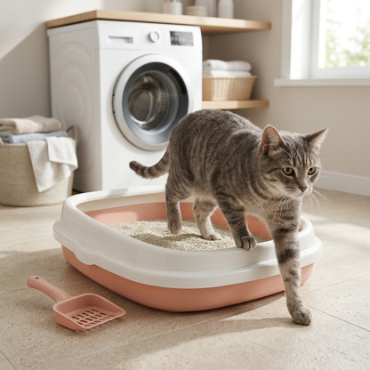 Bac à litière pour chat rose à rebord blanc, avec un chat tigré gris qui en sort dans une buanderie lumineuse.