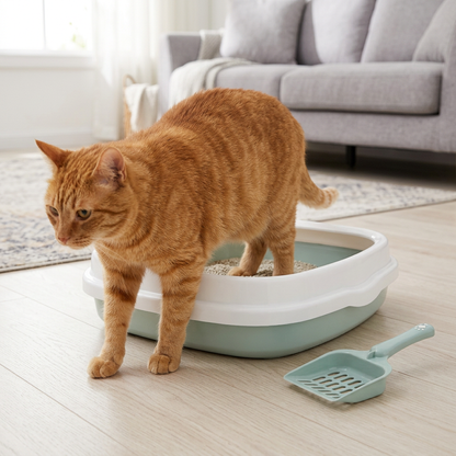 Bac à litière pour chat vert menthe à rebord blanc, avec un chat roux qui en sort dans un salon lumineux.