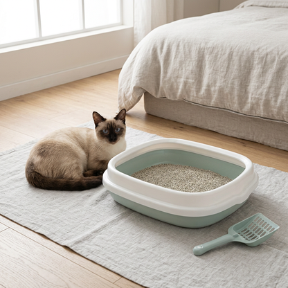 Bac à litière pour chat vert menthe à rebord blanc, avec un chat siamois couché à côté dans une chambre.