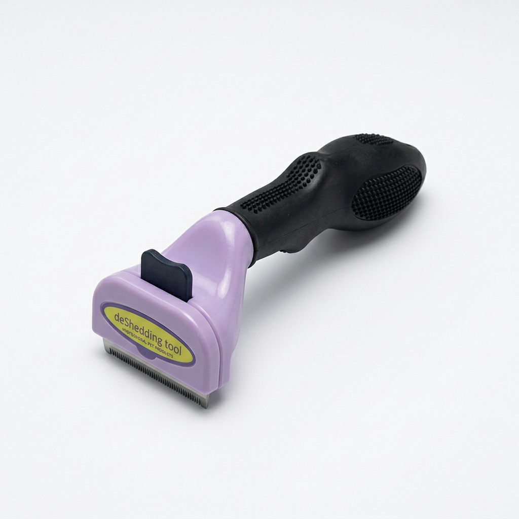 Brosse pour chat violette avec dents métalliques et bouton gris, sur fond blanc.