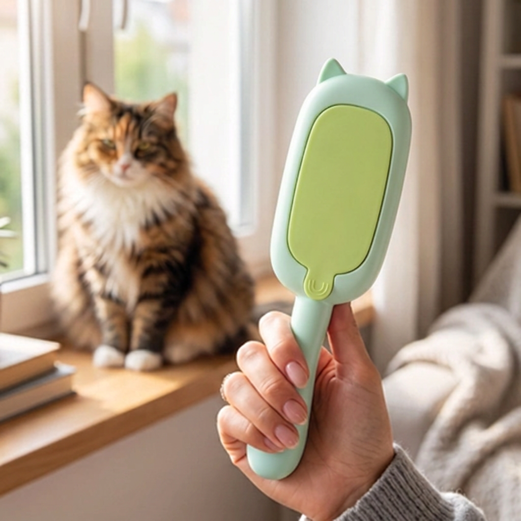 Brosse verte tenue devant le chat