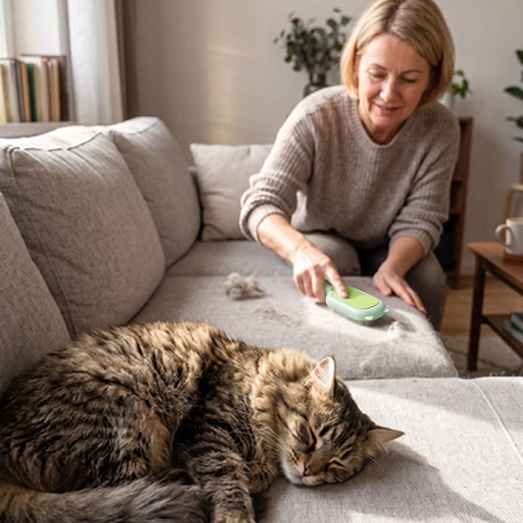 Brosse verte utilisée sur le canapé par une femme