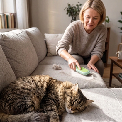 Brosse verte utilisée sur le canapé par une femme