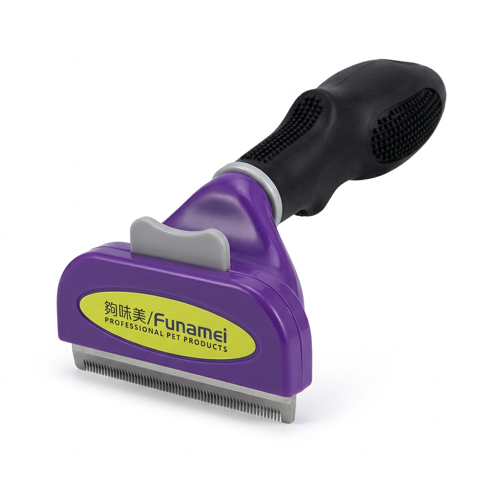 Brosse pour chat lavande avec dents métalliques et bouton noir, sur fond blanc.