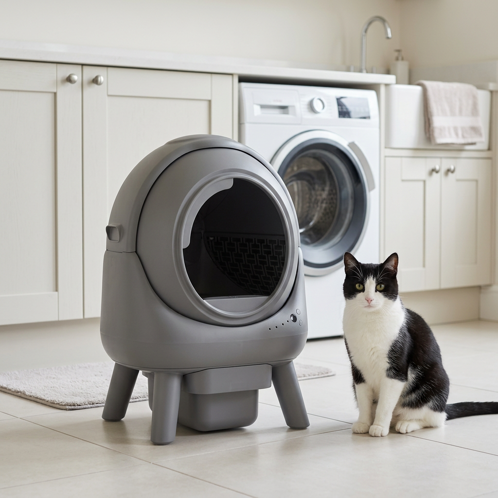 litière autonettoyante grise avec un chat noir et blanc assis à côté, dans une buanderie devant un lave-linge.