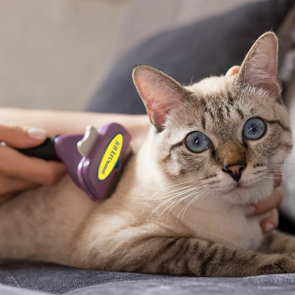 Brosse pour chat violette, utilisée sur un chat au pelage clair tigré et aux yeux bleus.