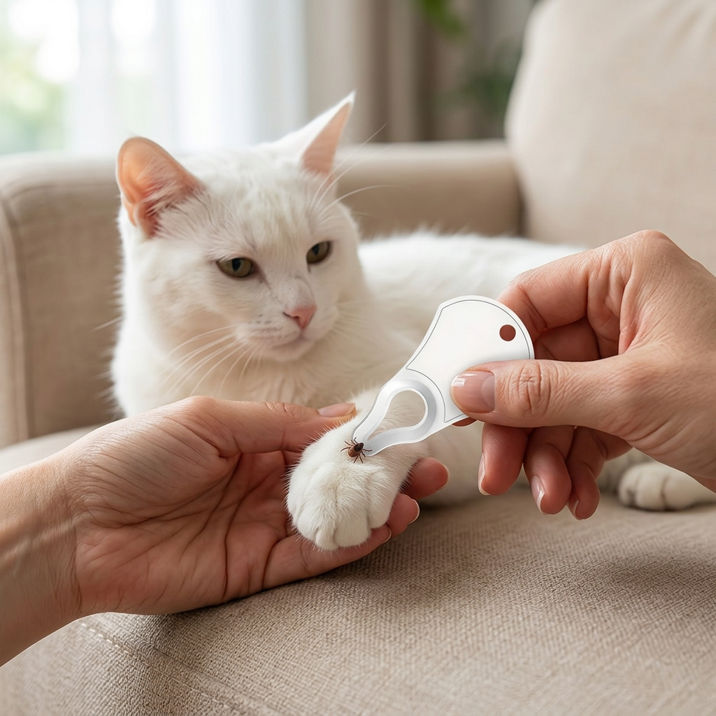 Chat blanc, retrait d’une tique sur la patte