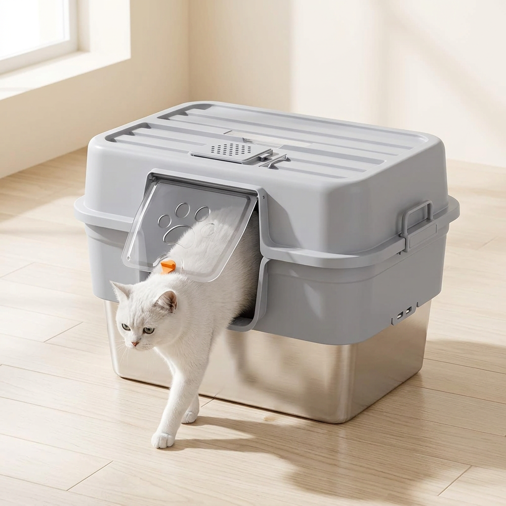 maison de toilette pour chat gris clair avec un chat blanc sortant sous la porte battante relevée.