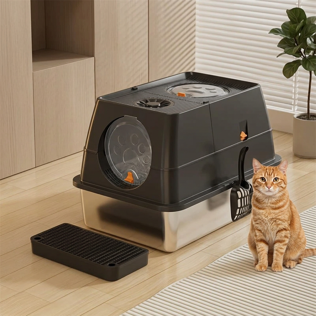 maison de toilette pour chat noire avec bac en inox, porte ronde transparente, pelle latérale et marchepied grillagé.