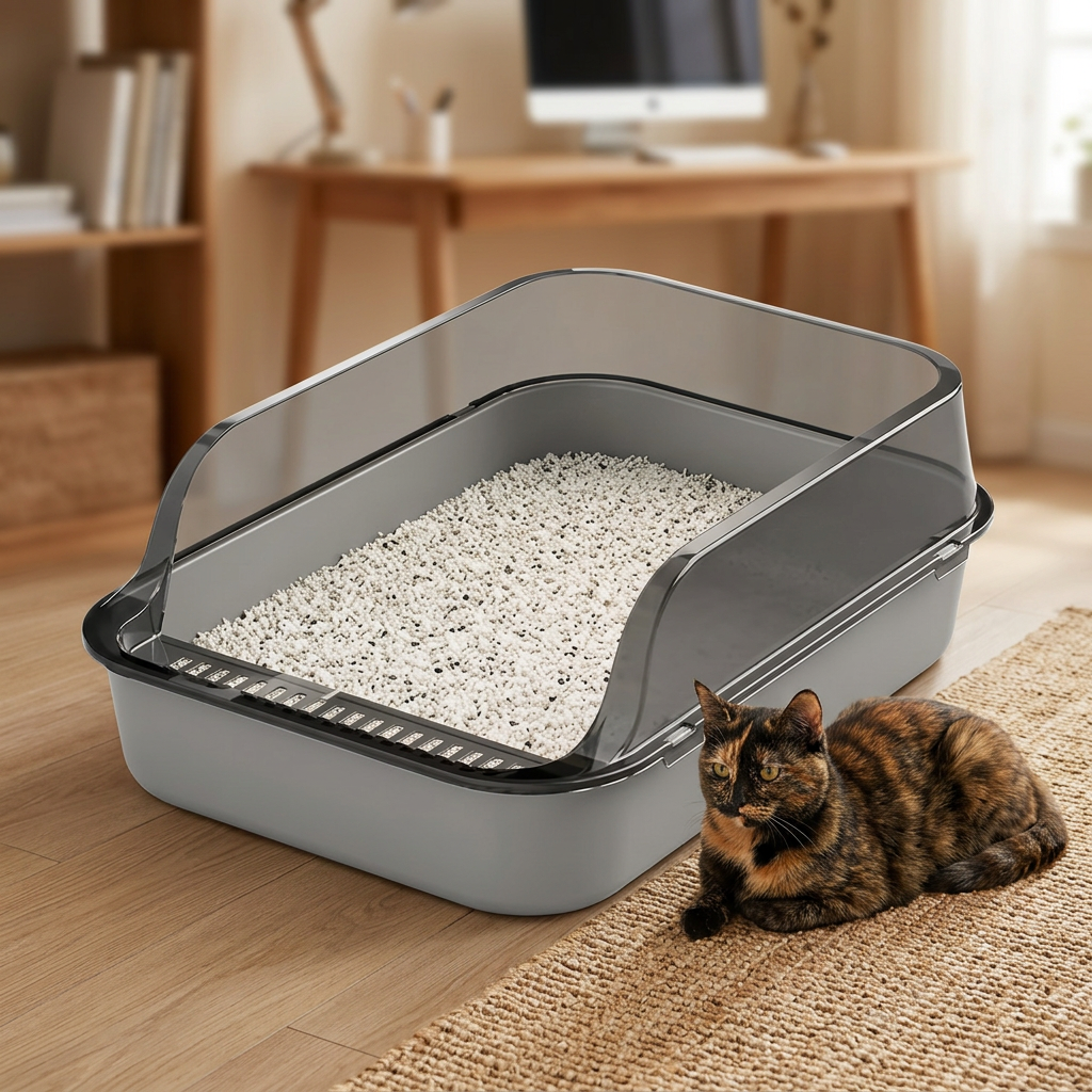 Bac à litière pour chat gris à rebords hauts translucides, avec un chat écaille de tortue couché à côté dans un bureau.