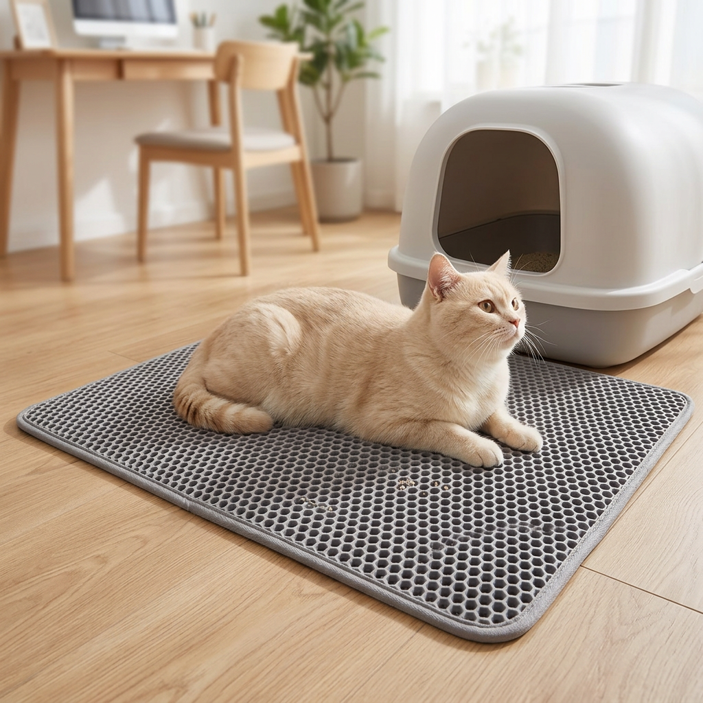 Tapis litière chat gris avec un chat crème couché devant son bac dans un bureau.
