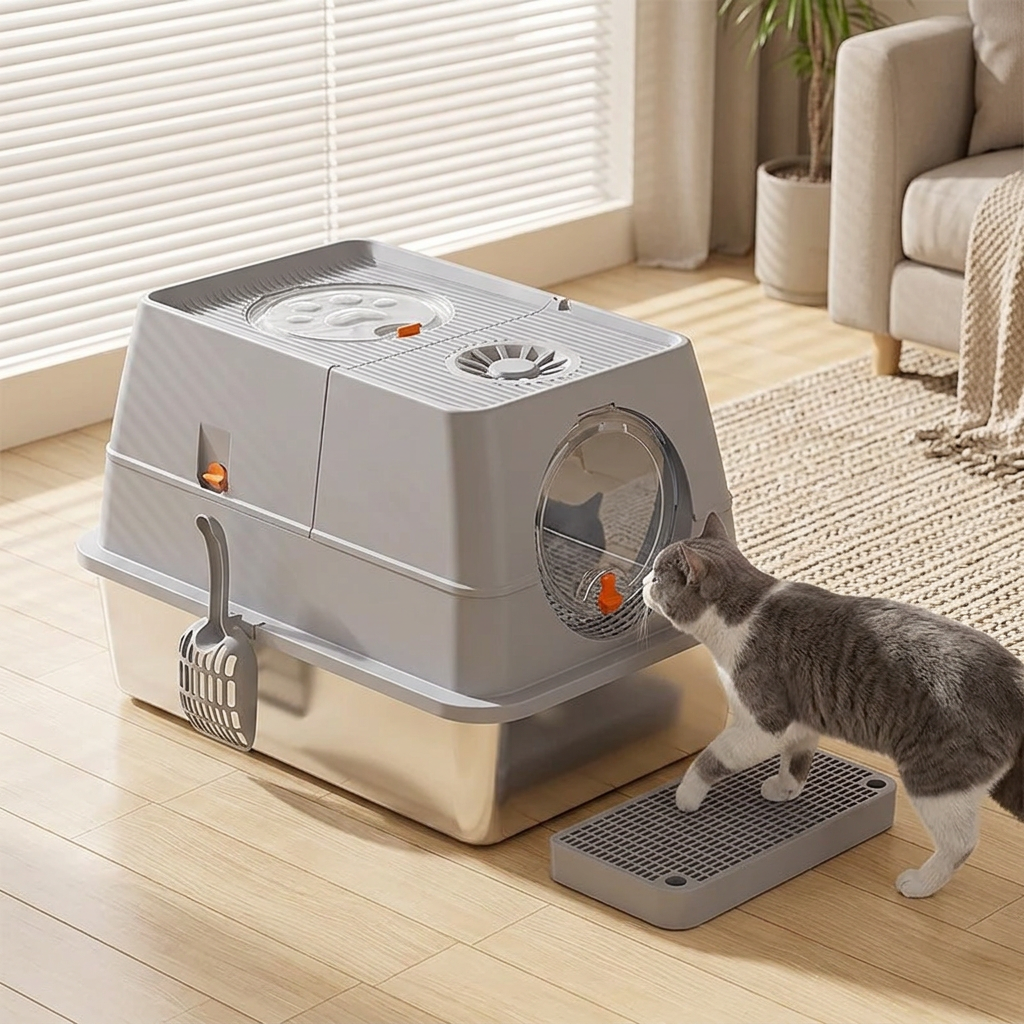 maison de toilette pour chat gris clair avec un chat gris et blanc devant la porte ronde, une patte sur le marchepied.
