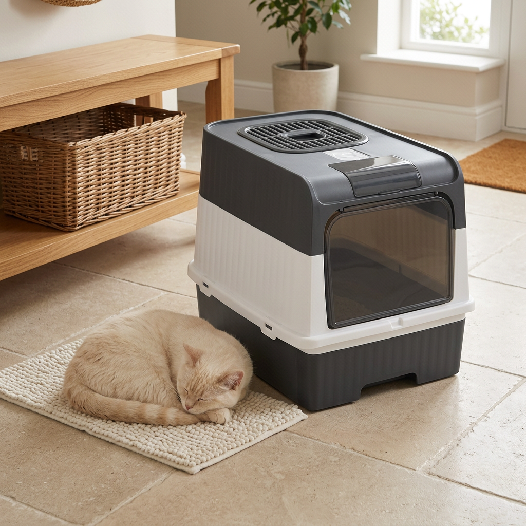 Maison de toilette pour chat avec un chat crème endormi à côté, près d’un banc en bois dans l’entrée.