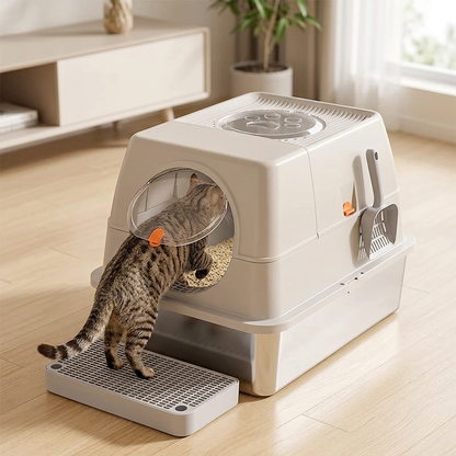 maison de toilette pour chat beige avec un chat tigré entrant par la porte ronde, les pattes arrière sur le marchepied.