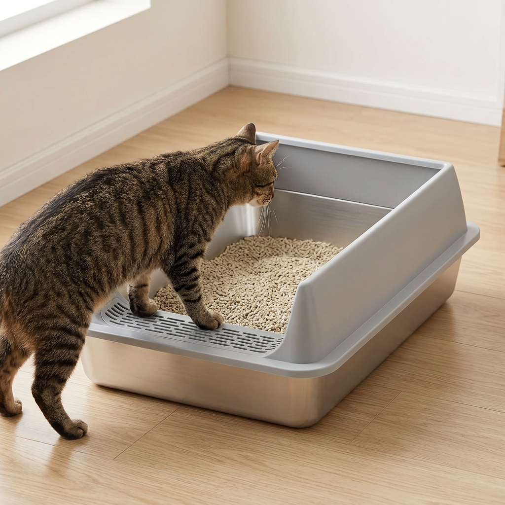 Bac à litière chat avec rebords gris, chat tigré posant ses pattes avant sur la marche d’entrée.